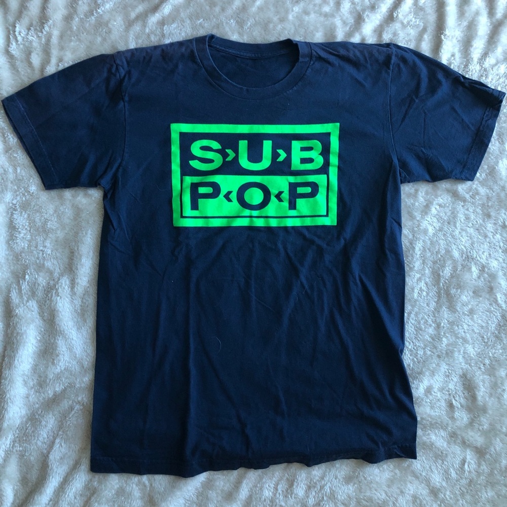 “Sub Pop” Retro Seattle Record Label Tee in Blue with Green Logo Size Large